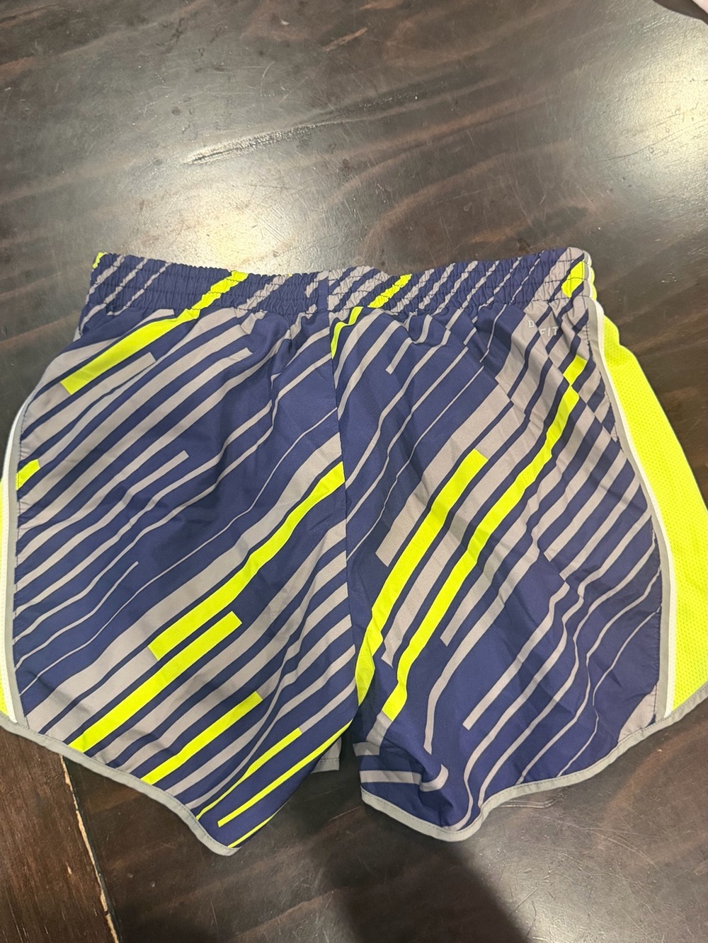 Nike Navy and Neon Yellow Striped Athletic Shorts